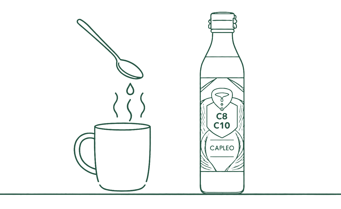 スプーンですくったオイルをコーヒーに入れるところと、有機カプレオの瓶